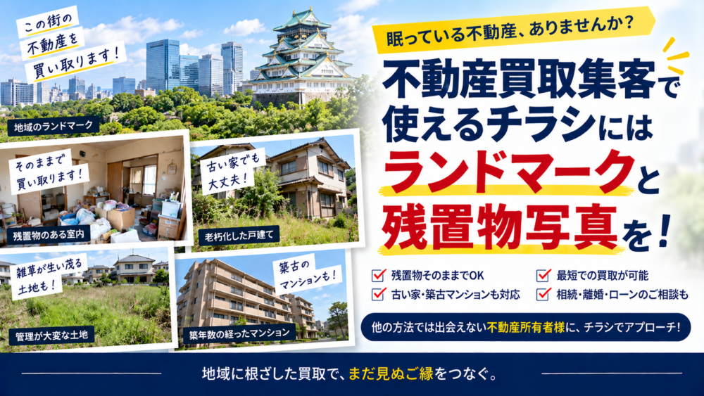 不動産買取集客で使えるチラシにはランドマークと残置物写真を！